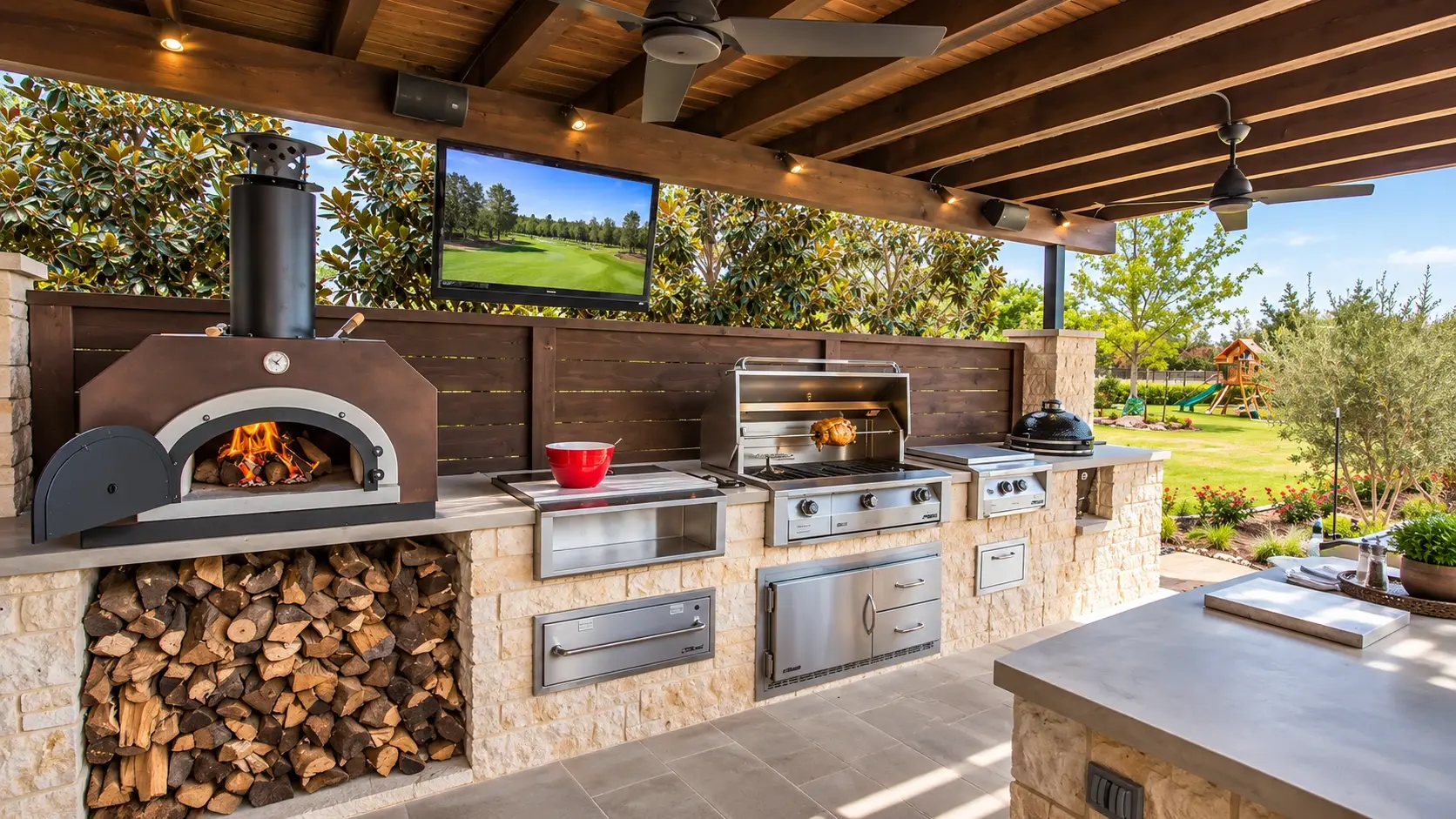 Custom outdoor kitchen with built-in stainless grill and stone veneer