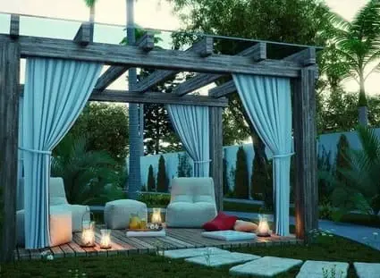 Heavy timber pavilion pergola structure over patio